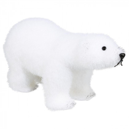 Ours polaire sur ses 4 pattes floqué blanc H 21  cm Sous son blanc manteau