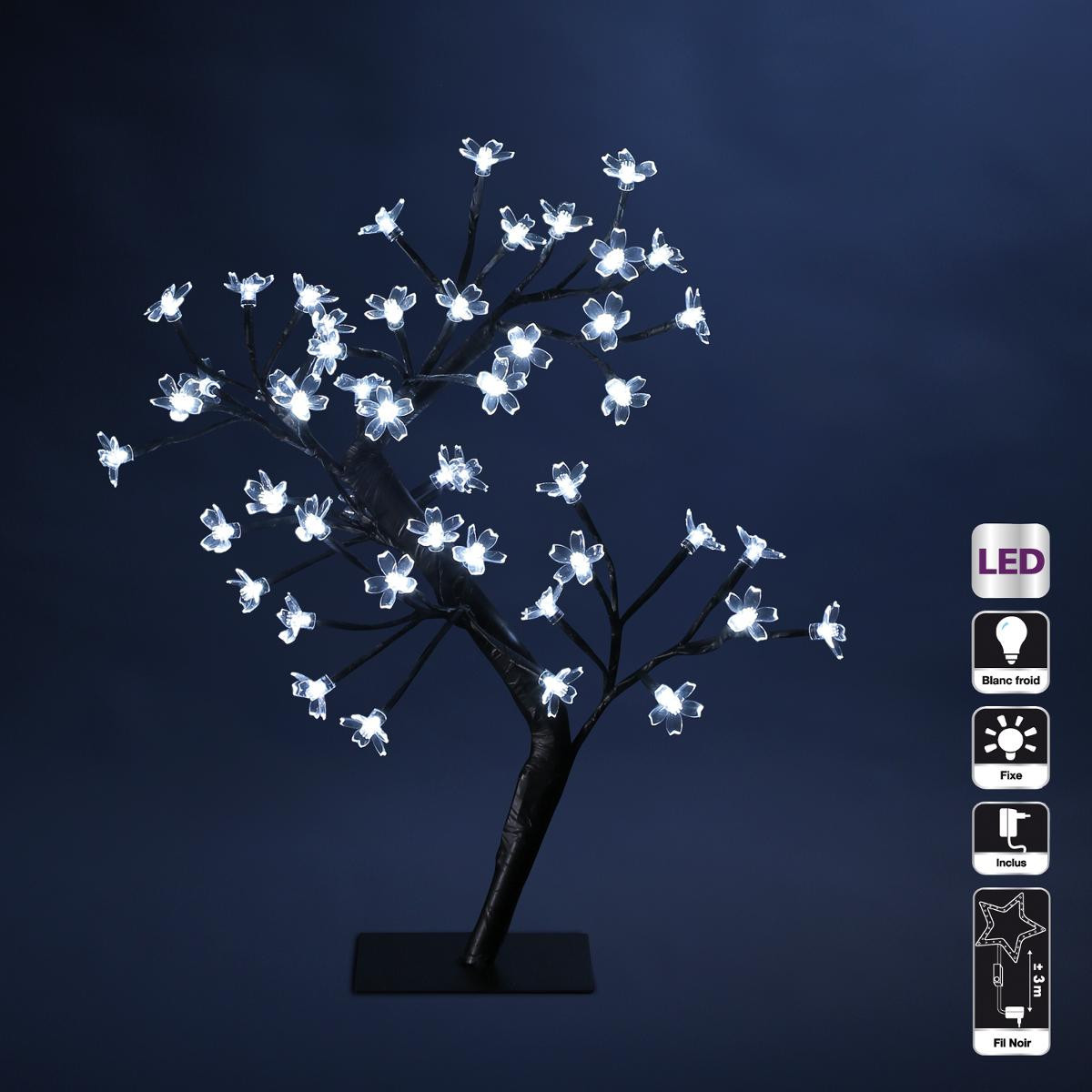 Arbre Fleurs Prunus intérieur sur socle 48 LED Blanc froid H 45 cm - Sapins  fibre optique et arbres lumineux - Décomania