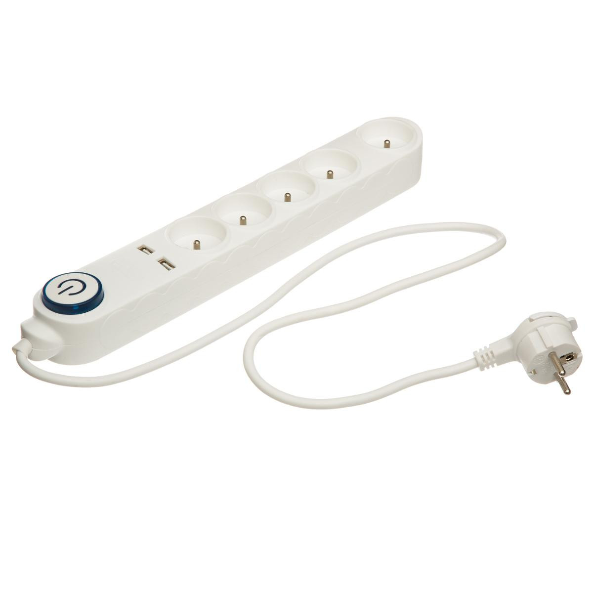 Bloc multiprise électrique blanche 5 prises terre + 2 USB + interrupteur -  Bricolage - Décomania