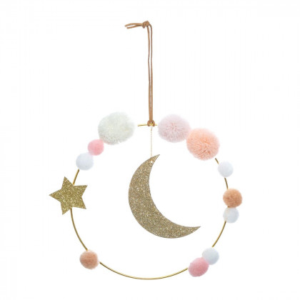Suspension décorative Lune et Pompons