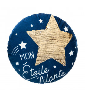 Coussin rond bleu Etoile en Sequins Or D 40 cm