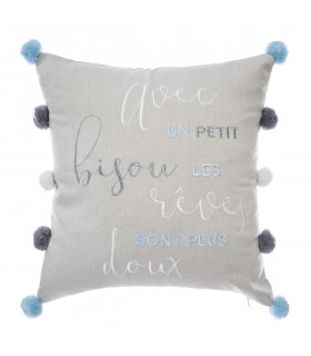 Coussin déhoussable avec 10 Pompons et Broderie coloris Gris 40 x 40 cm