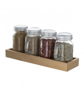 Lot de 4 pots en verre sur support en Bambou avec épices incluses