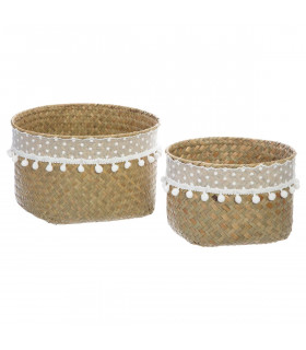 lot de 2 Paniers avec Dentelle et Pompons collection Bohème