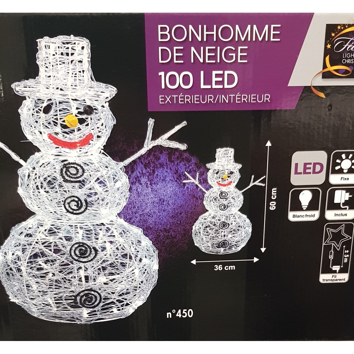 Bonhomme de neige 3D 100 LED Blanc fixe H 60 cm pour extérieur - Formes  lumineuses - Décomania