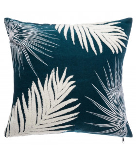 Coussin déhoussable Bleu canard motif Feuille Broderie bouclette 40 x 40 cm