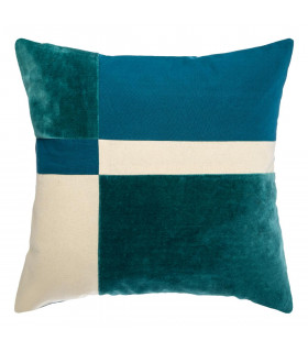 Coussin déhoussable Patchwork en Velours Bleu canard et Coton canvas 40  x 40 cm