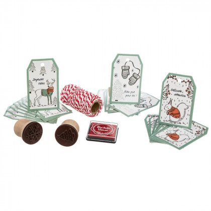 Kit de 28 Pièces: Etiquettes, cordelette rouge et tampons pour cadeau de Noël décor design