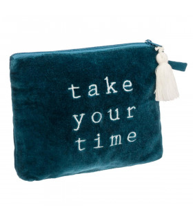 Pochette en Velours Coton avec Mot brodé et Pompon 20 x 15 cm
