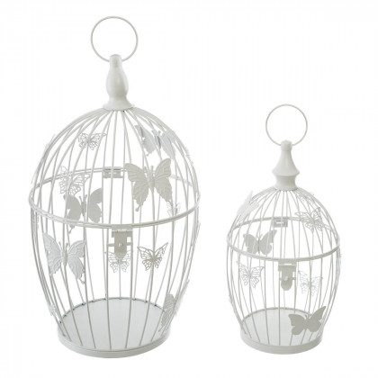 Lot de 2 Cages à Oiseaux déco en métal Blanc H 38.5 et H 31 cm