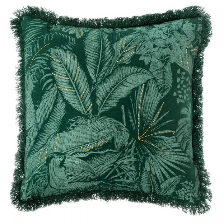 Housse de Coussin Brodée Jungle vert avec franges 40 x 40 cm