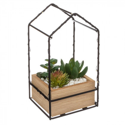 Plantes artificielles Pot en bois et Support forme Maison avec guirlande LED H 19 cm