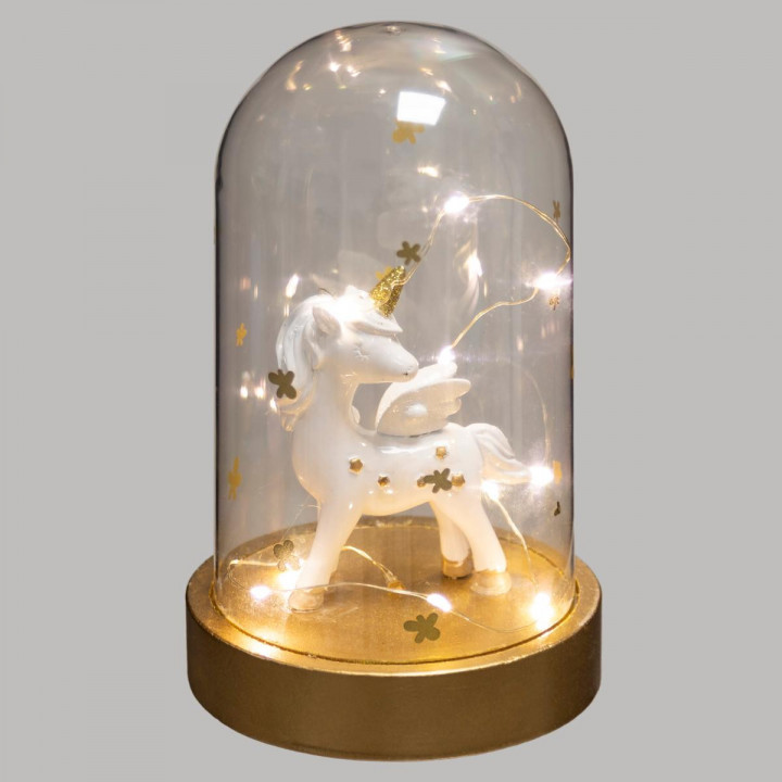 Lampe fantaisie LED Licorne sous cloche H 18.5 cm