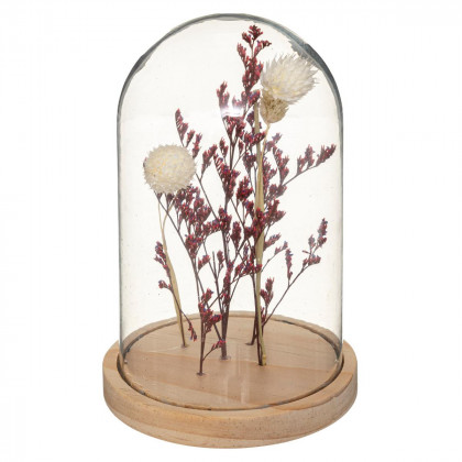 Composition Fleurs séchées sous cloche en verre Gypsy H 17 cm