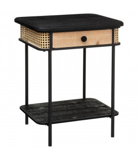 Table de Chevet Arbela 1 Tiroir en Métal Noir et Cannage H 60 cm