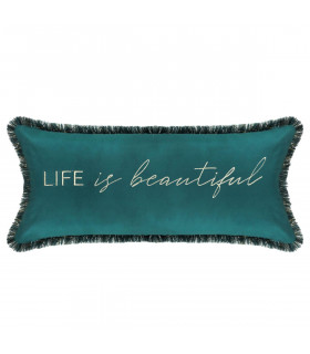 Coussin déhoussable en Velours Bleu Canard Texte Brodé 25 x 58 cm
