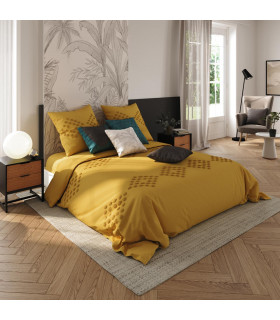 Parure de lit 2 Personnes 240 x 220 cm Housse de couette avec 2 taies en Coton lavé Ocre et tufté  