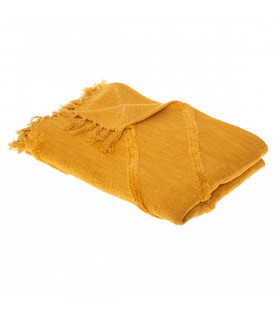 Jeté de Lit en Coton Ocre motif Inca tufté 130 x 180 cm