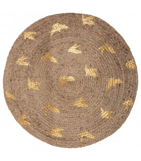 Tapis décoratif rond en Jute tressé feuilles or imprimées  D 80 cm