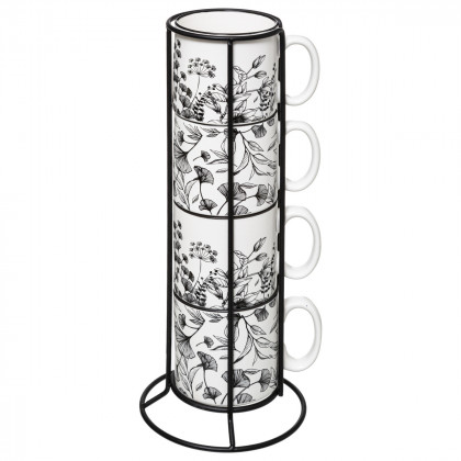 Set de 4 Mugs White Floral en porcelaine sur Rack en métal noir 