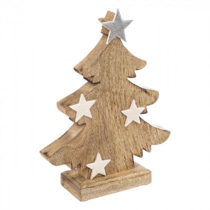 Sapin en bois avec étoiles blanches et cimier H 25 cm
