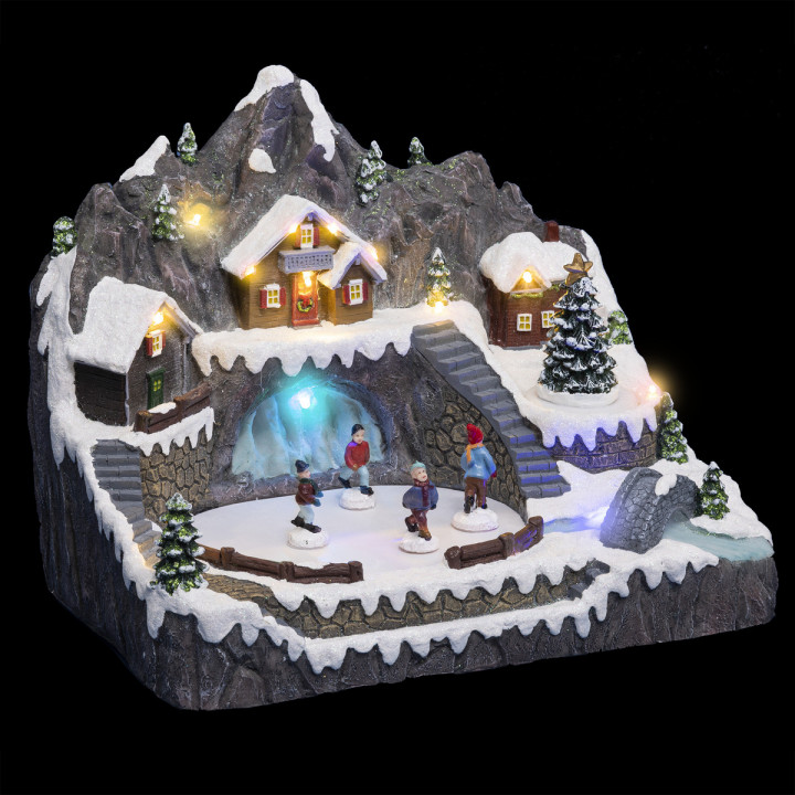Village de Noël lumineux, animé et musical Maisons autour d'un Etang gelé 