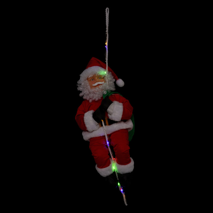 Père Noël grimpeur sur corde lumineuse à LED couleurs changeantes 8 fonctions H 70 cm