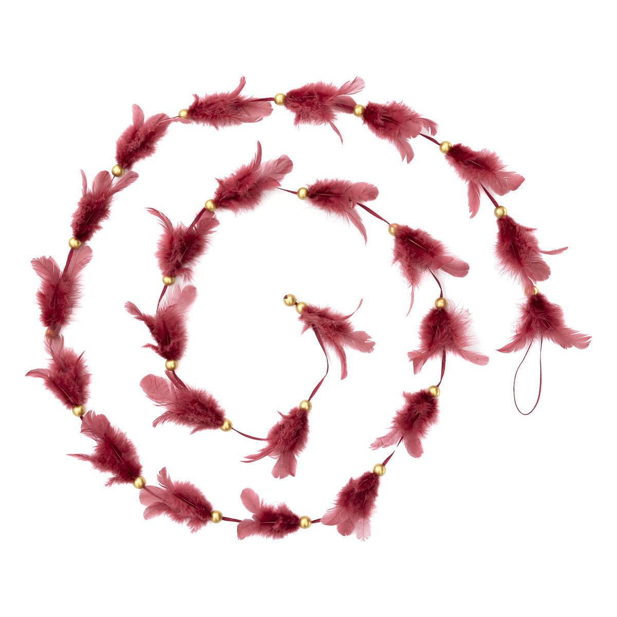 Guirlande de Noël Bouquet de Plume rouge sur ruban satin et perles Or L 200  cm - Guirlandes de noël et cheveux d'ange pour sapin