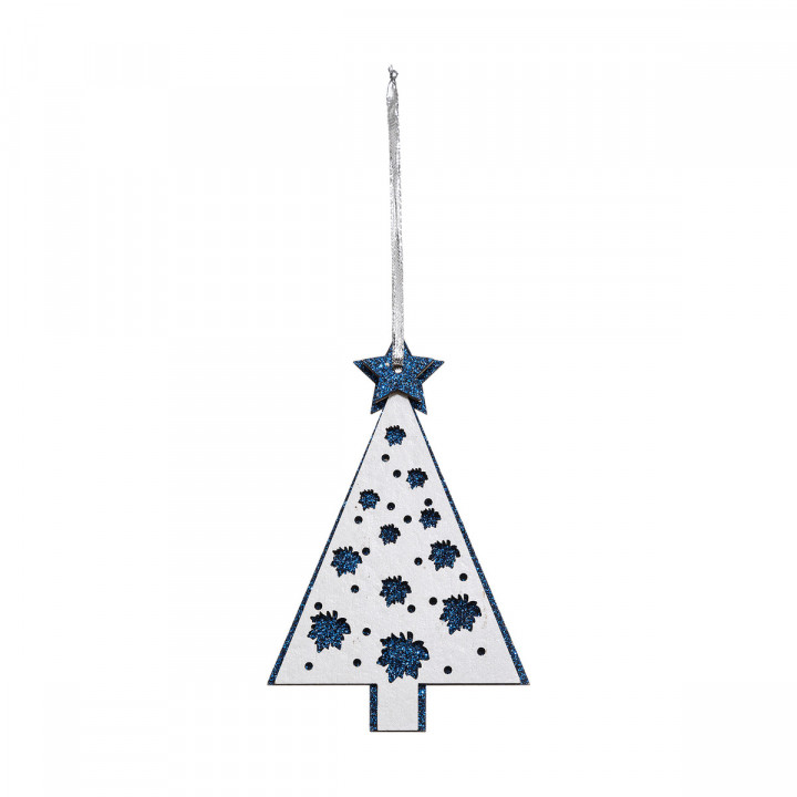 Sujet de Noël Sapin  en bois blanc avec Feuilles découpées bleues