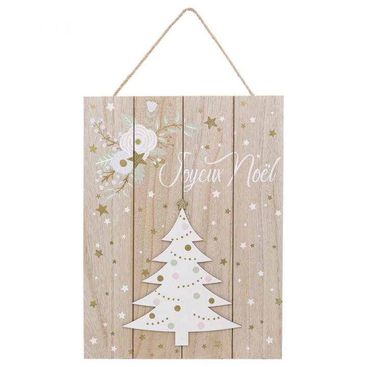 Pancarte Joyeux Noël en bois avec Sapin blanc et déco pailletée dorée H 40 cm