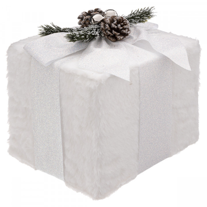 Paquet Cadeau fourrure blanche et ruban pailleté 20 x 25 cm