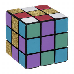 Cube coloré en bois avec paillettes dorées 9 x 9 cm