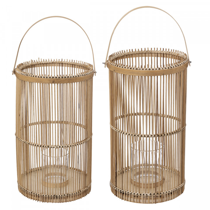Set de 2 Lanternes en Bambou Bougeoirs en Verre 