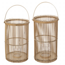 Set de 2 Lanternes en Bambou Bougeoirs en Verre 