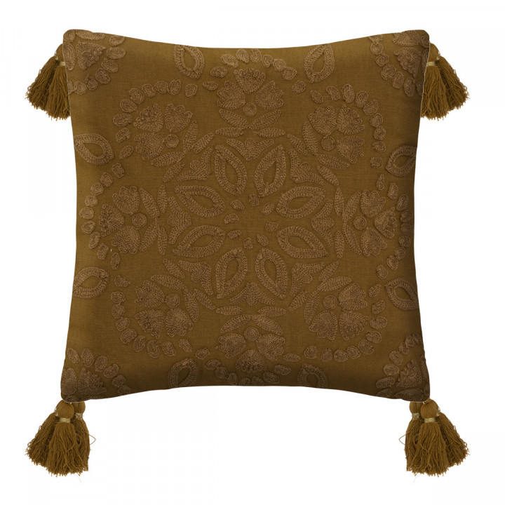 Coussin en coton mordoré motifs brodés avec pompons 40 x 40 cm