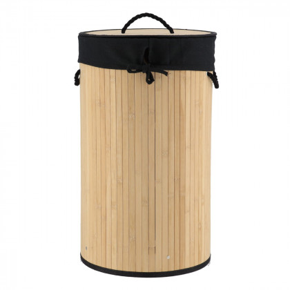 Panier à linge pliable avec couvercle en Bambou et Tissu Noir  D 35 x H 60 cm