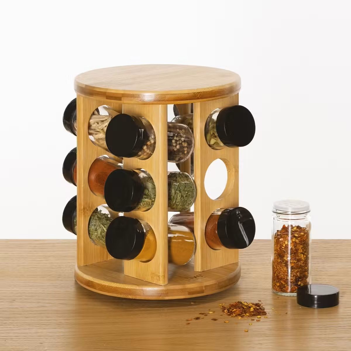 Présentoir rotatif à Épices en Bambou avec 12 pots en verre - Pots à épices  - Décomania