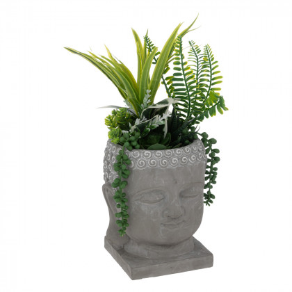 Plantes artificielles dans Pot Bouddha en Ciment gris H 35 cm